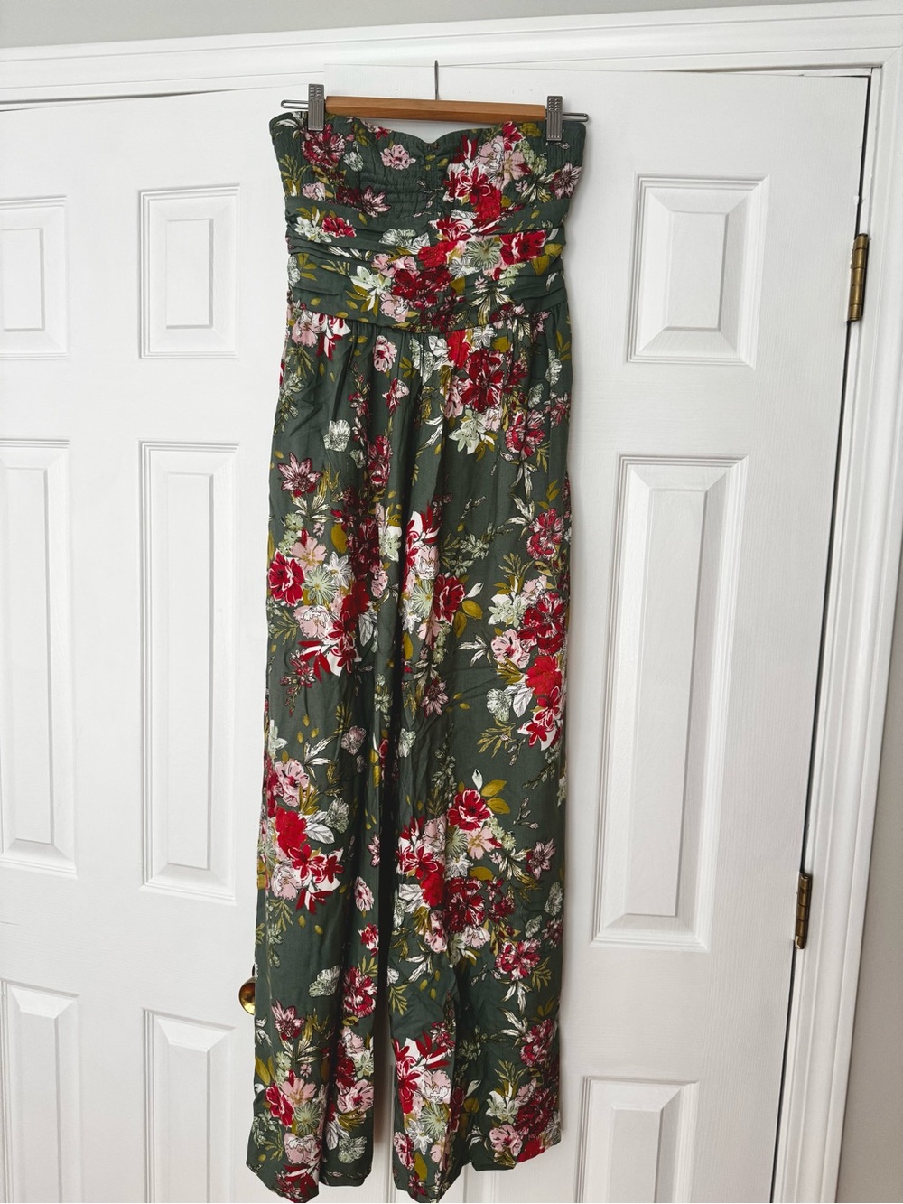 Strapless sage green floral jumpsuit